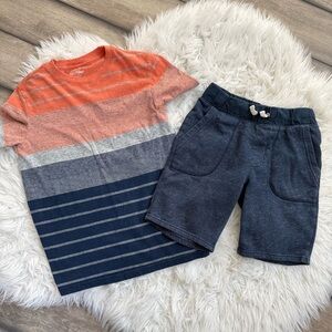 Boys Summer Medium Outfit Striped Shirt and Old Navy Blue Drawstring Shorts